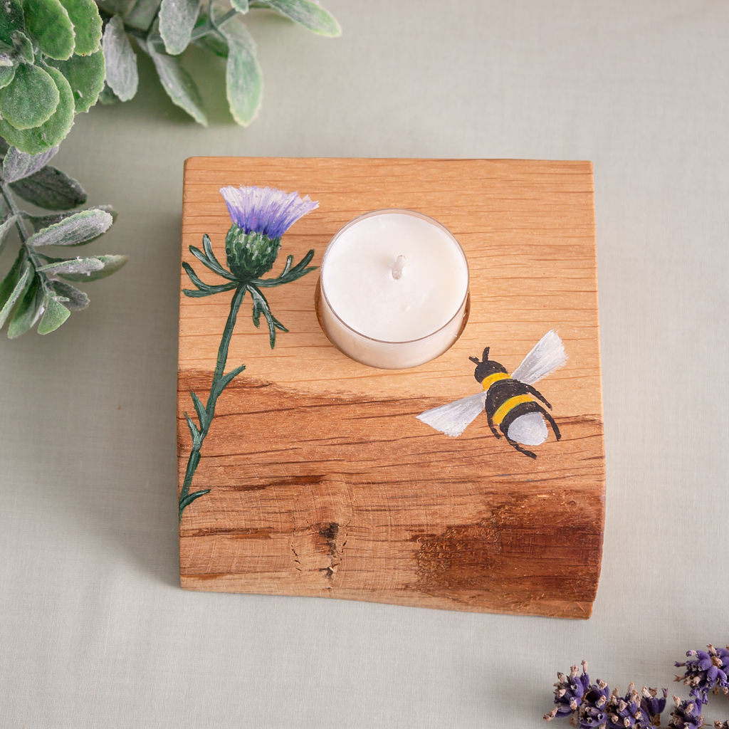 Single candle Scottish Thistle English Oak Tea-Light Holder